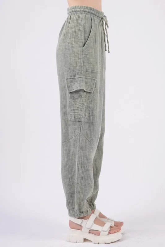 Washed Woven Crinkle Gauze Cargo Pants - Denim or Sage