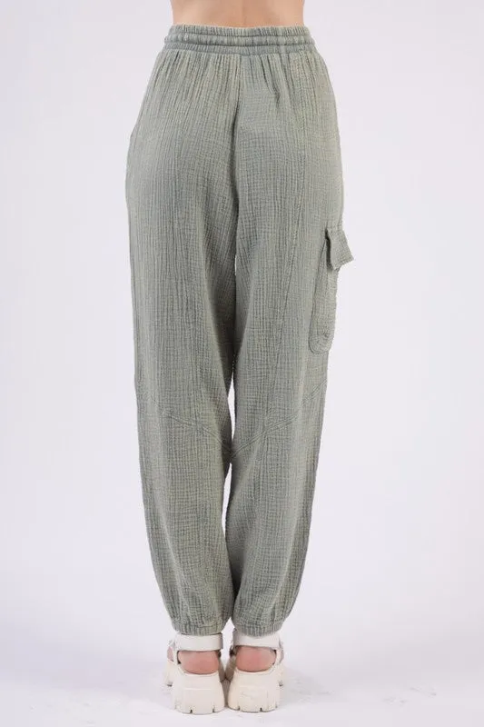 Washed Woven Crinkle Gauze Cargo Pants - Denim or Sage