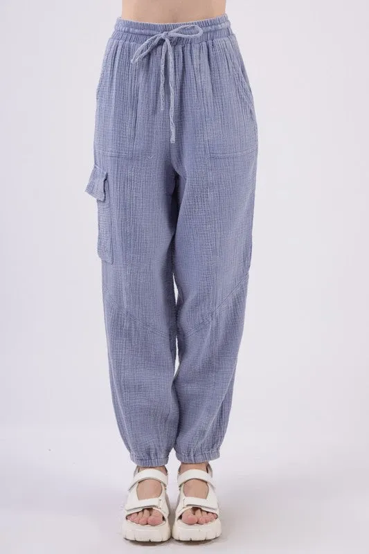 Washed Woven Crinkle Gauze Cargo Pants - Denim or Sage