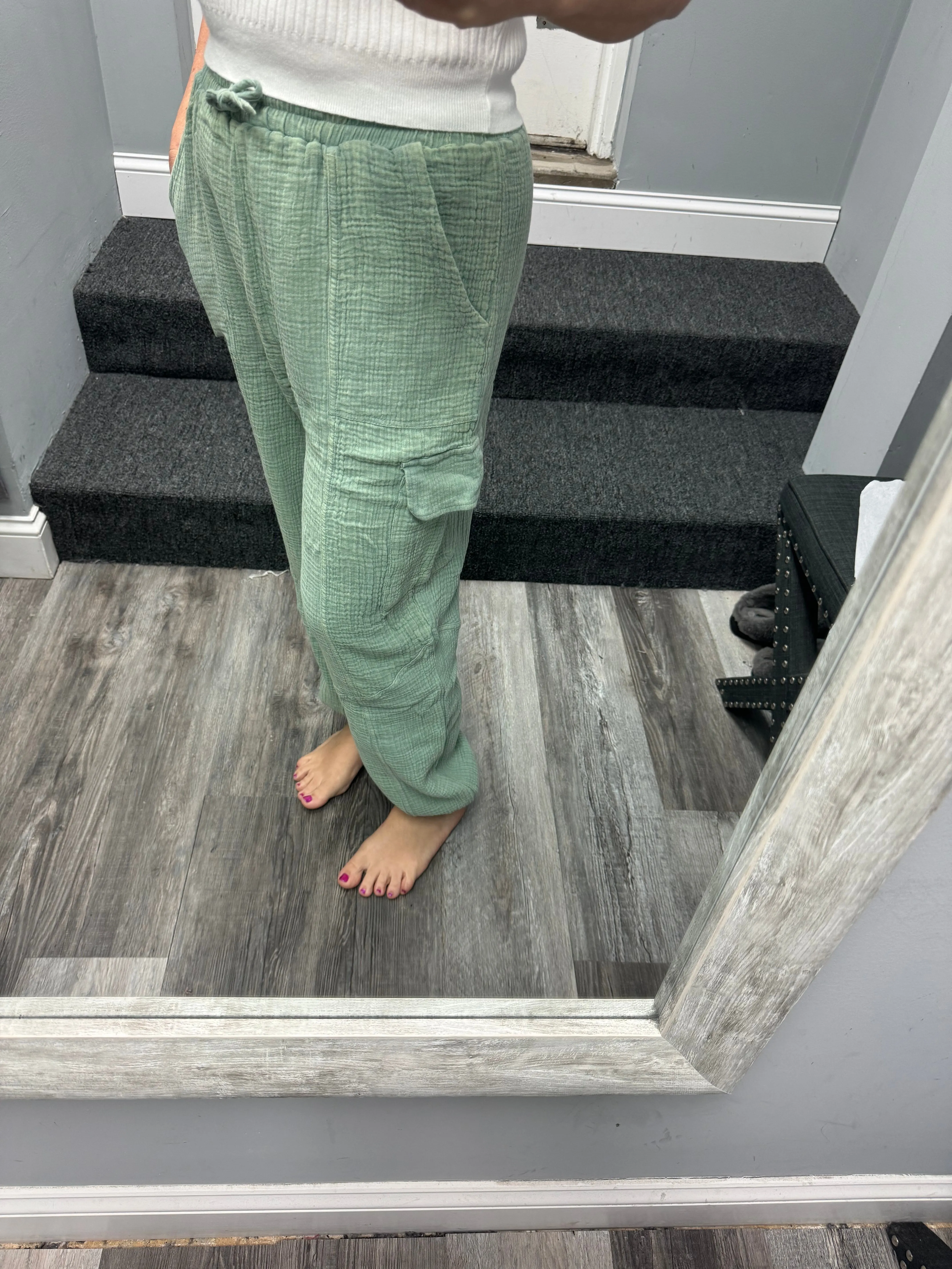 Washed Woven Crinkle Gauze Cargo Pants - Denim or Sage