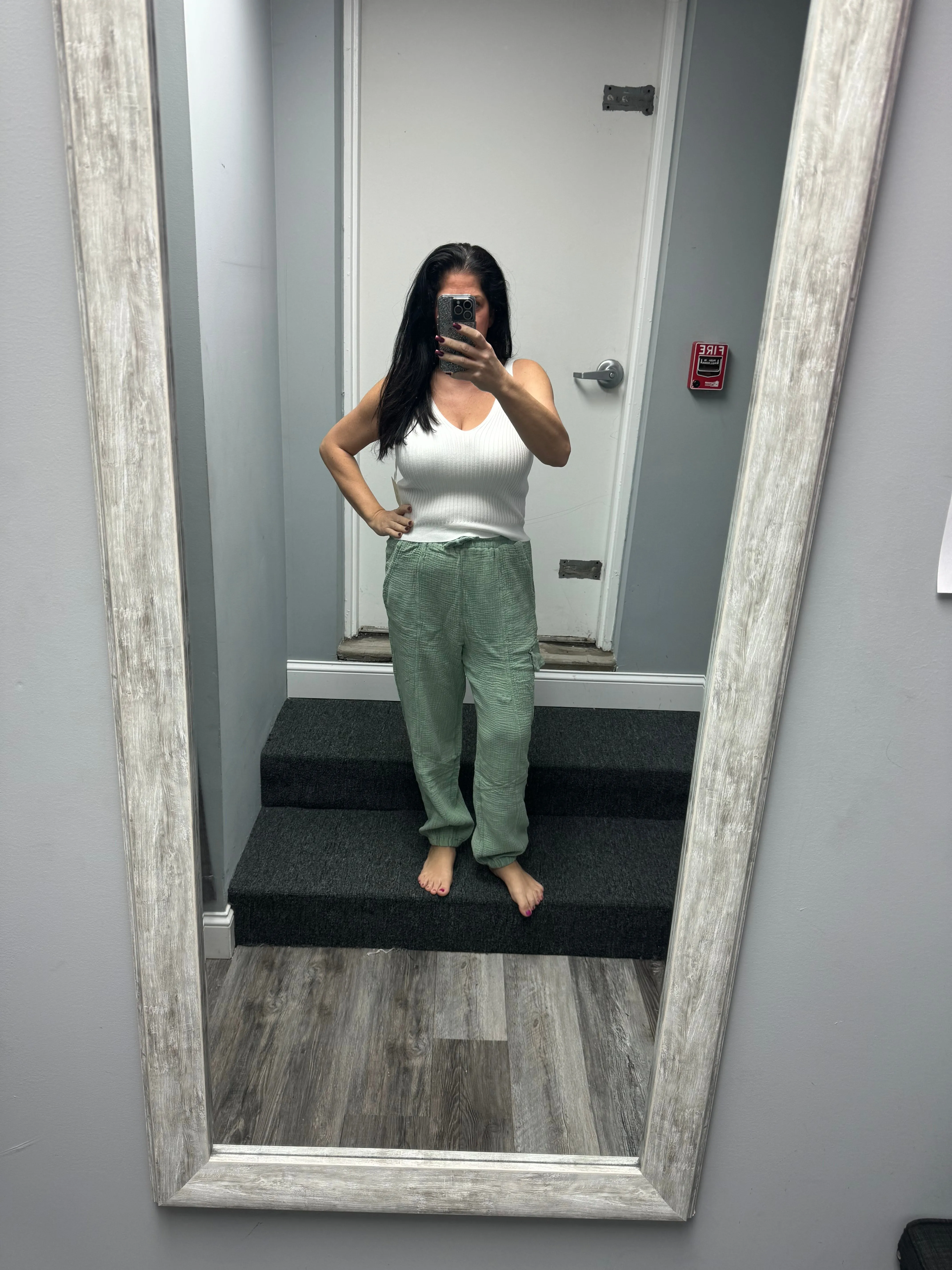 Washed Woven Crinkle Gauze Cargo Pants - Denim or Sage