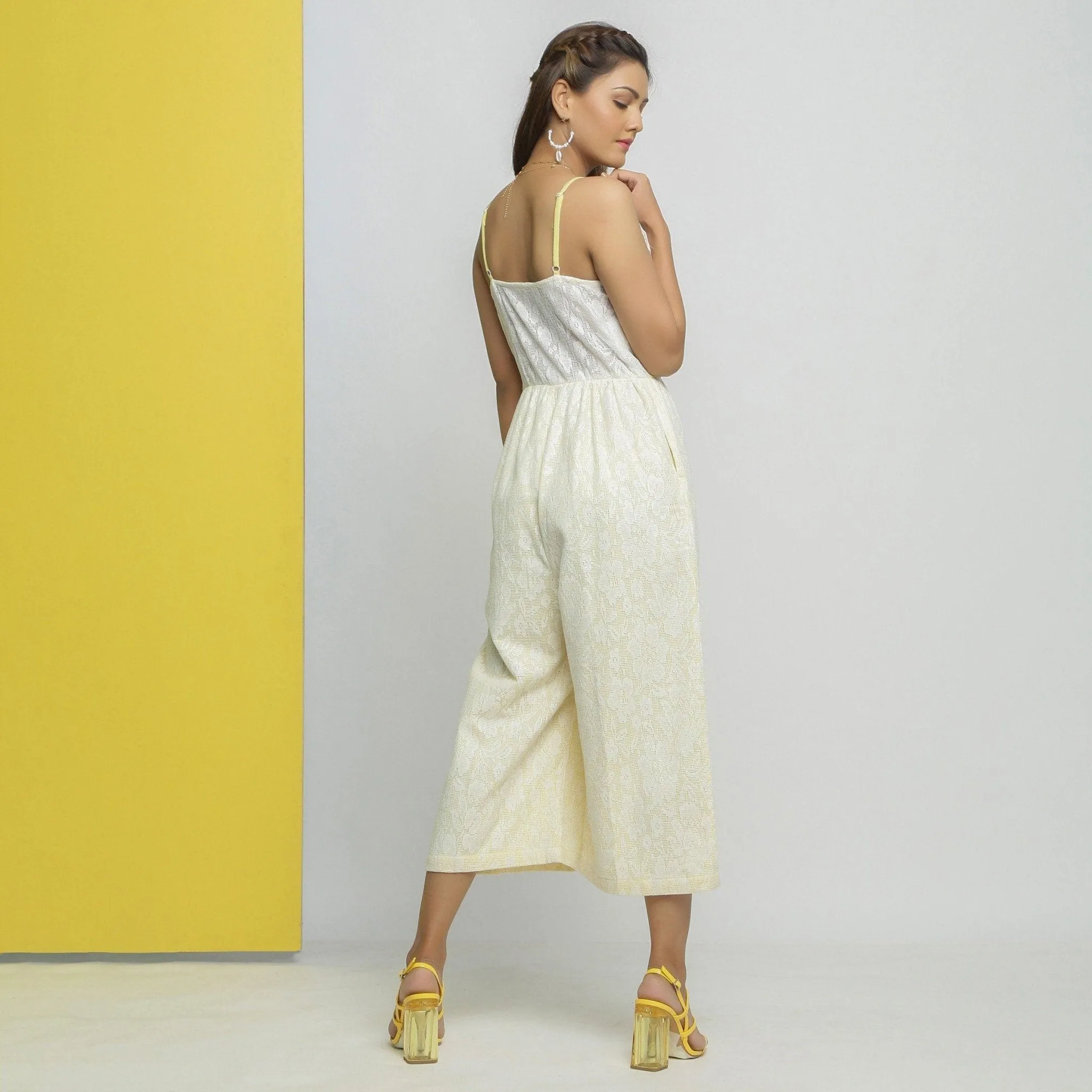 White Cotton Lace Floral Mid-Rise Jumpsuit