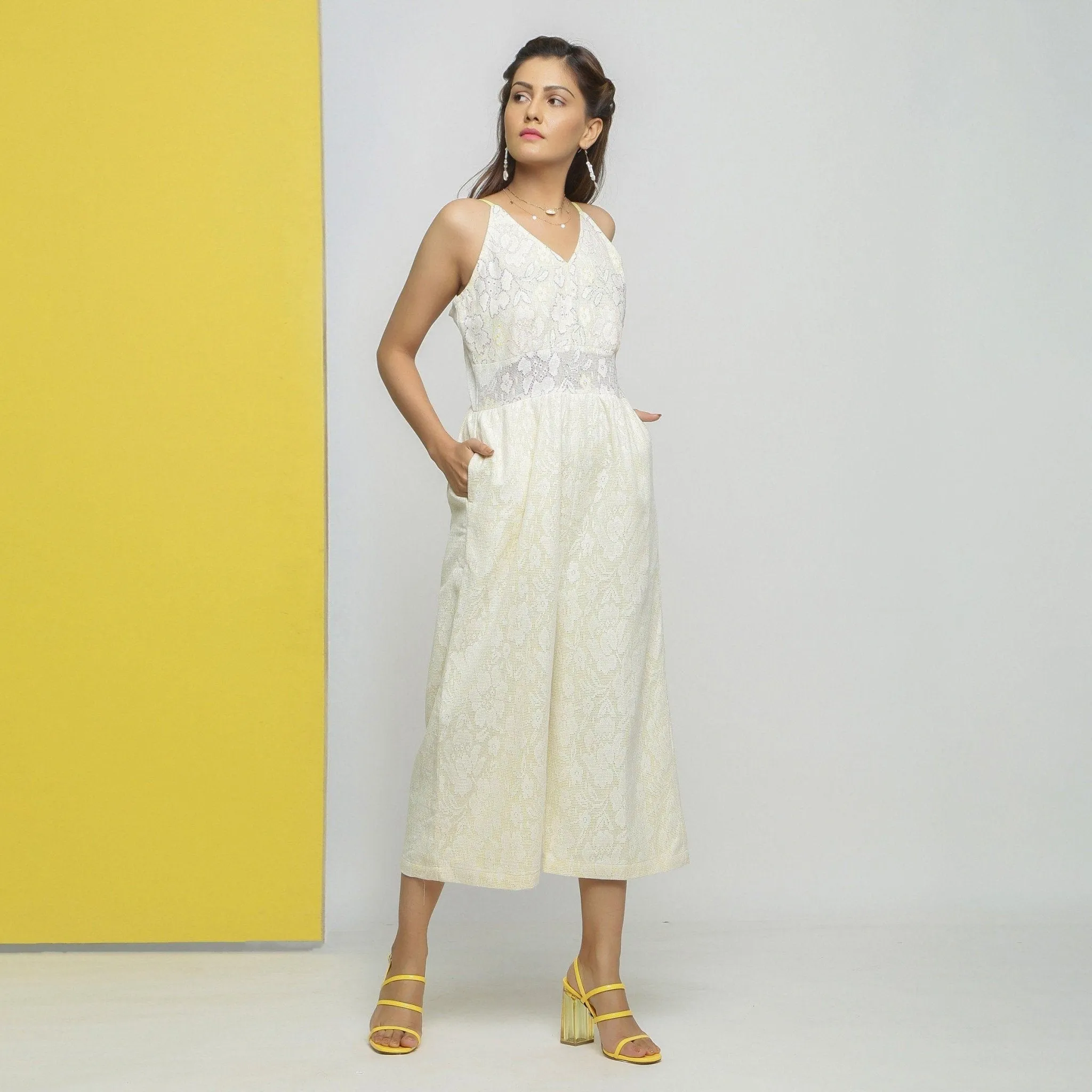 White Cotton Lace Floral Mid-Rise Jumpsuit