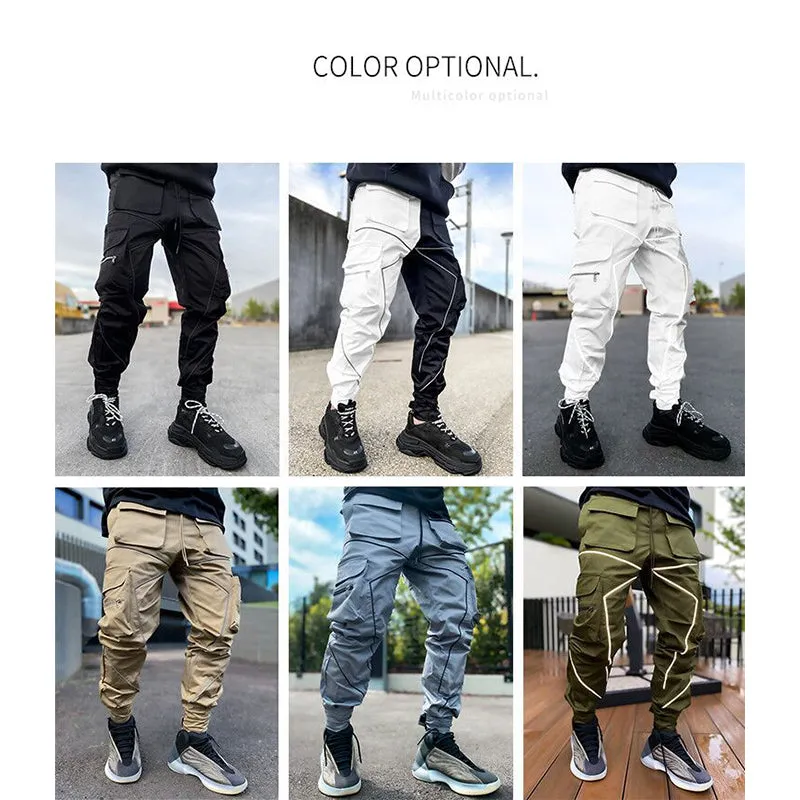 White Men's Multi Pocket Fashion Cargo Pants Technical Reflective Jogger Pants  | W302