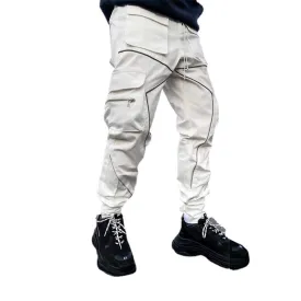 White Men's Multi Pocket Fashion Cargo Pants Technical Reflective Jogger Pants  | W302