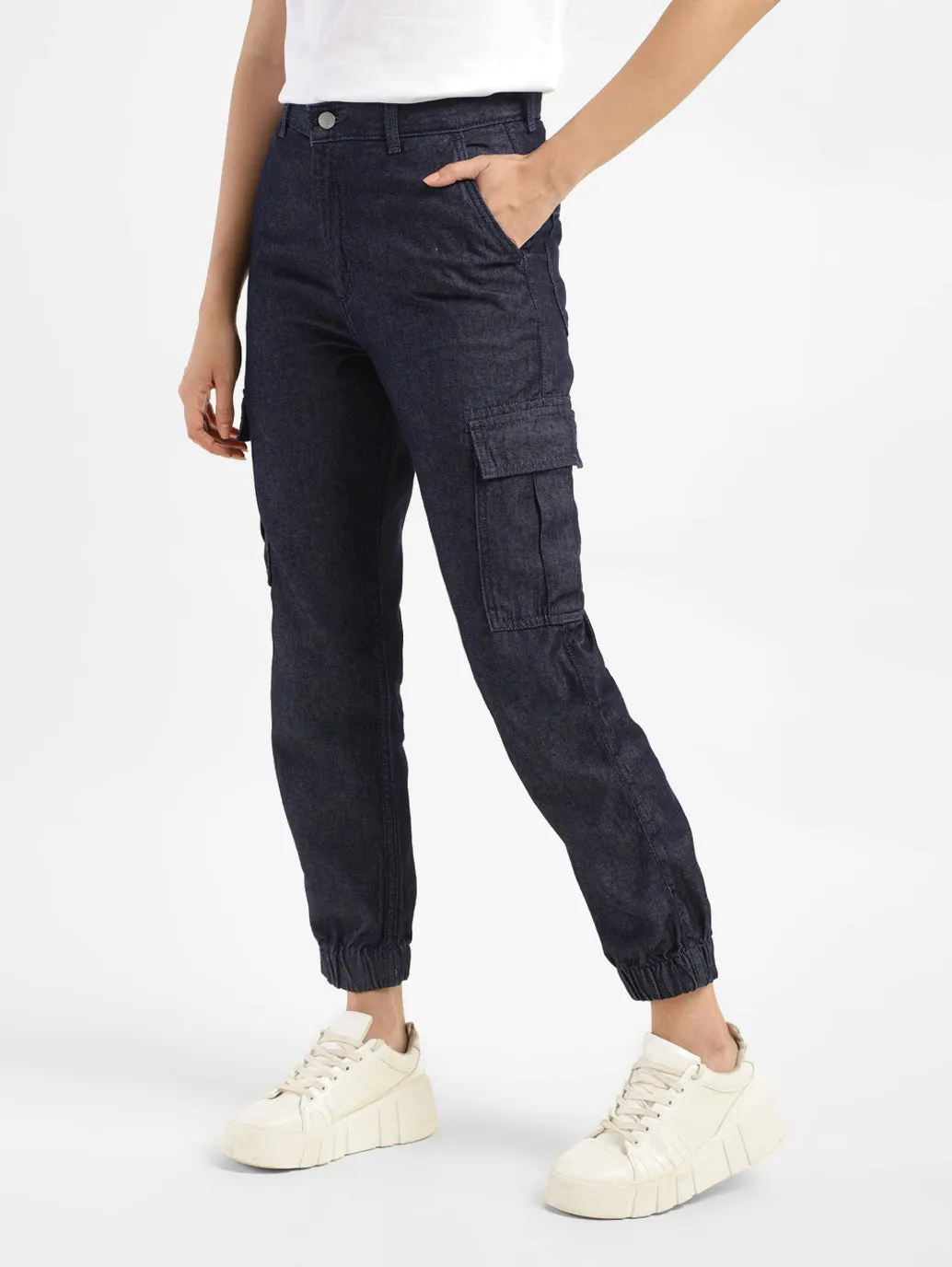 Women's Mid Rise Blue Cargo Trousers