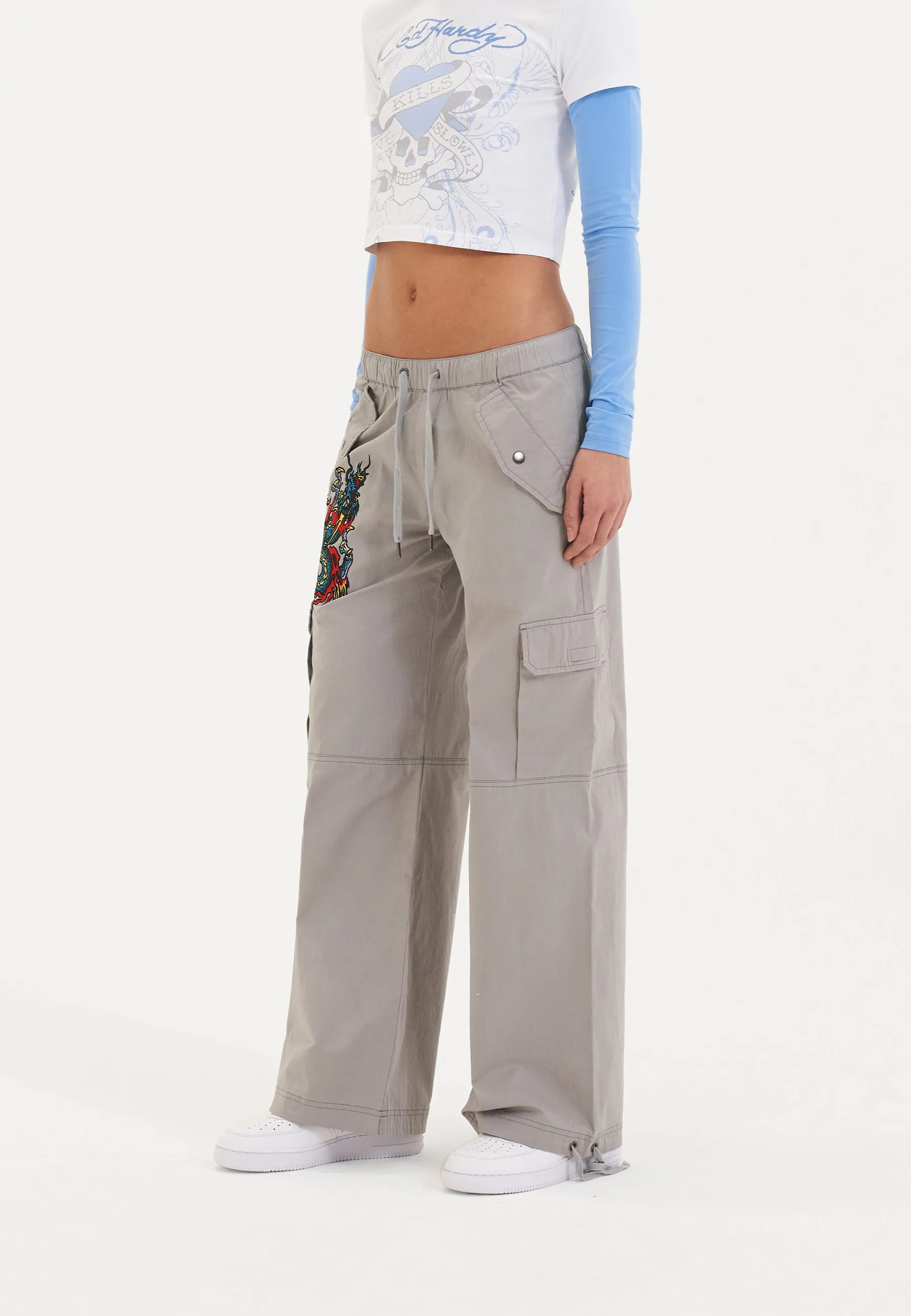 Womens Twisted Dragon Cargo Pants Trousers - Grey