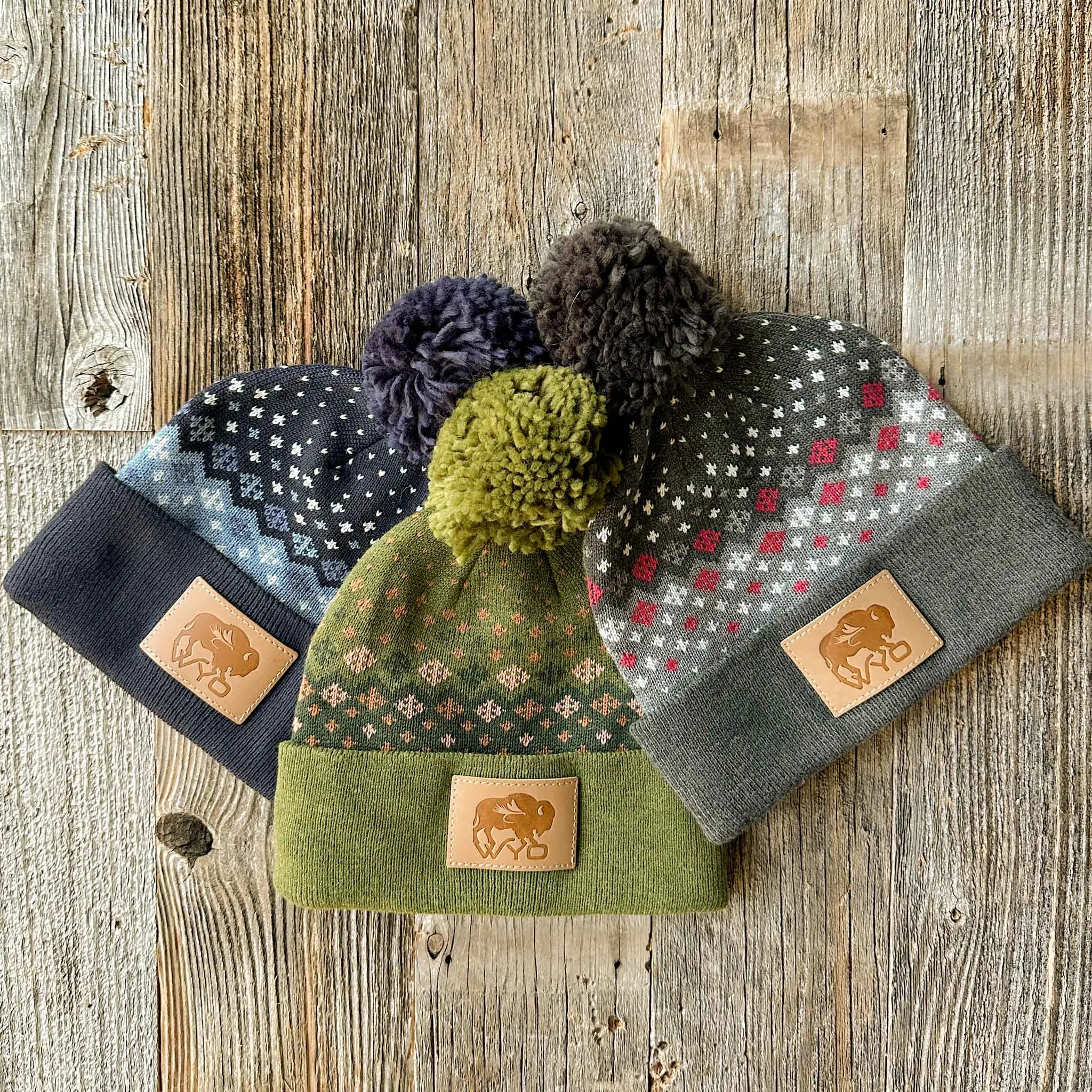 Wyo Fly Bison Pattern Pom Beanies