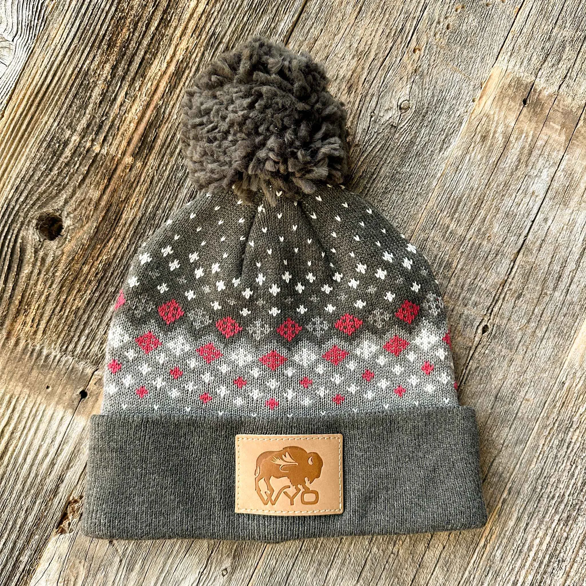 Wyo Fly Bison Pattern Pom Beanies