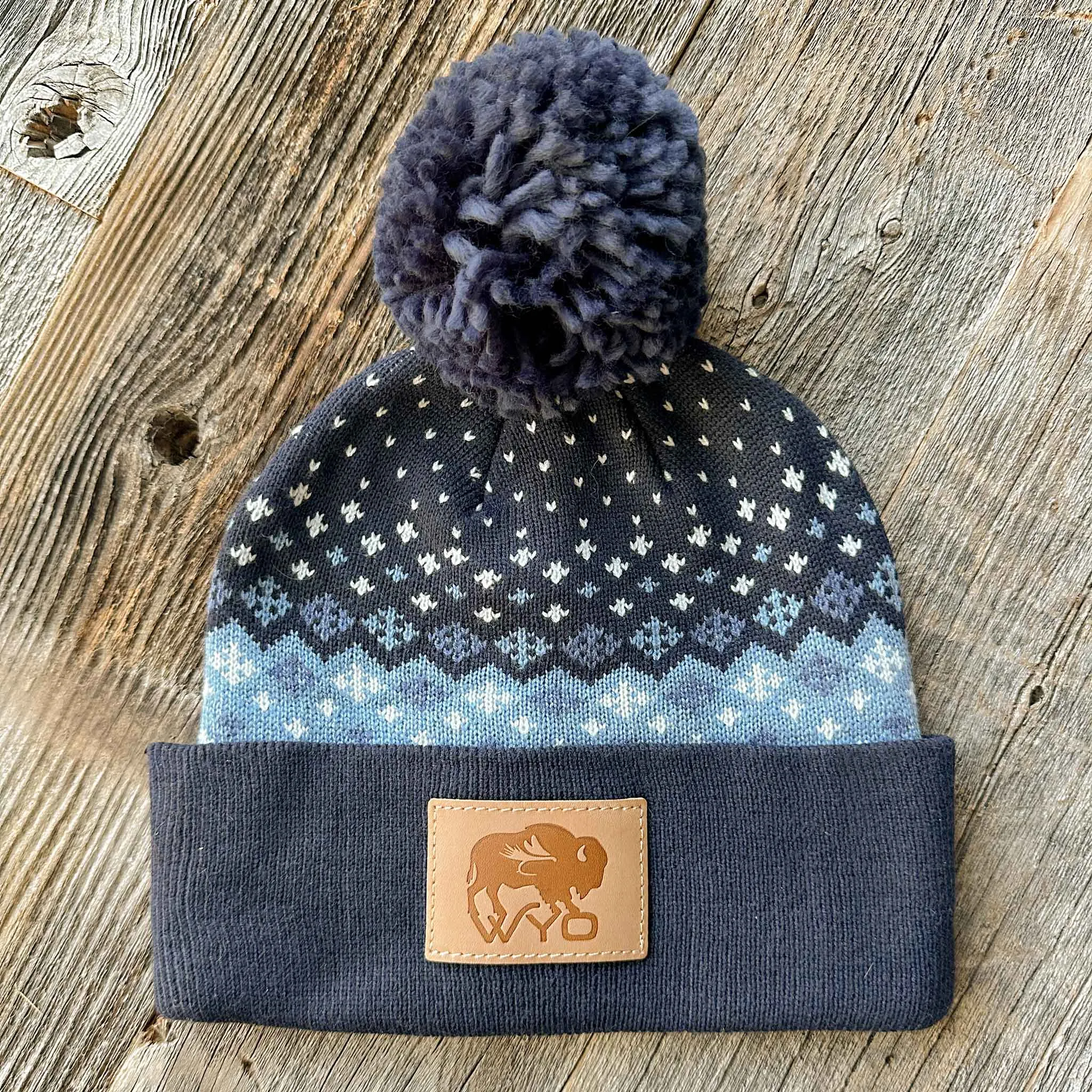 Wyo Fly Bison Pattern Pom Beanies