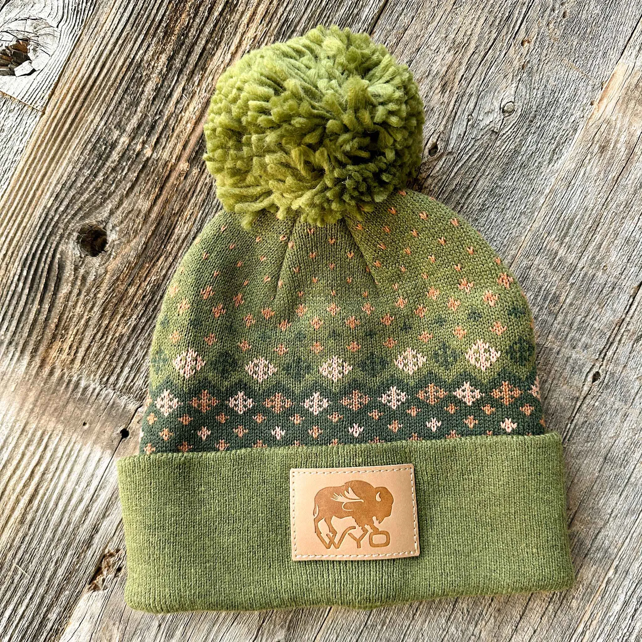 Wyo Fly Bison Pattern Pom Beanies