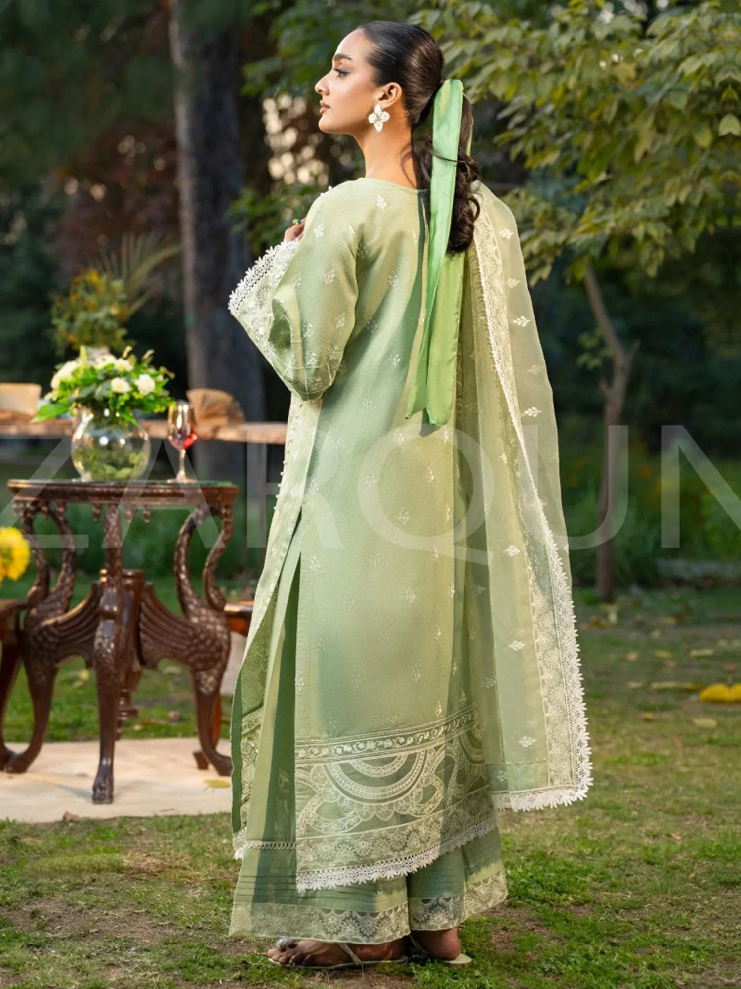 Zarqun Green Embroidered Luxury Khadi Net Suit (2420B)