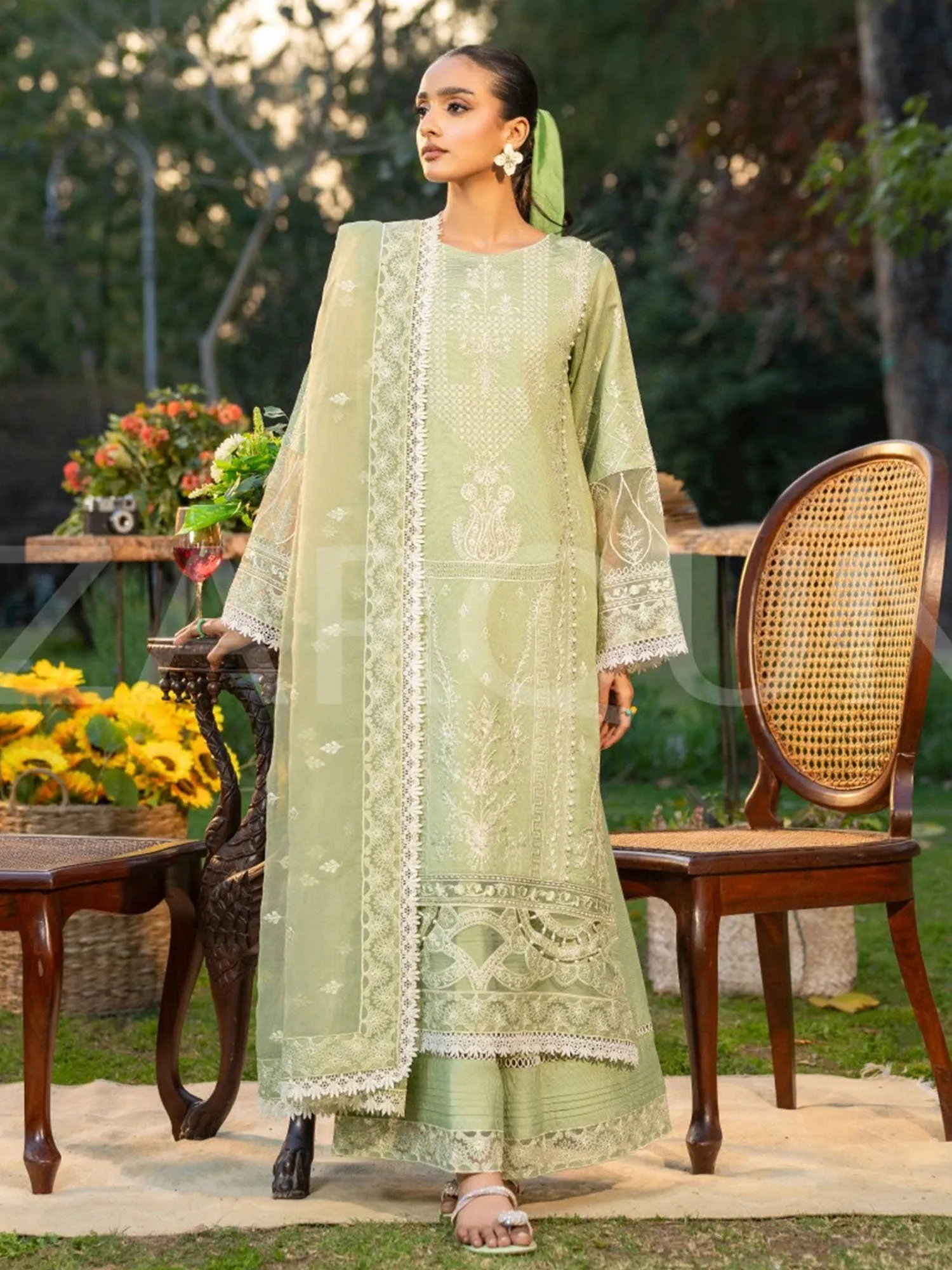 Zarqun Green Embroidered Luxury Khadi Net Suit (2420B)