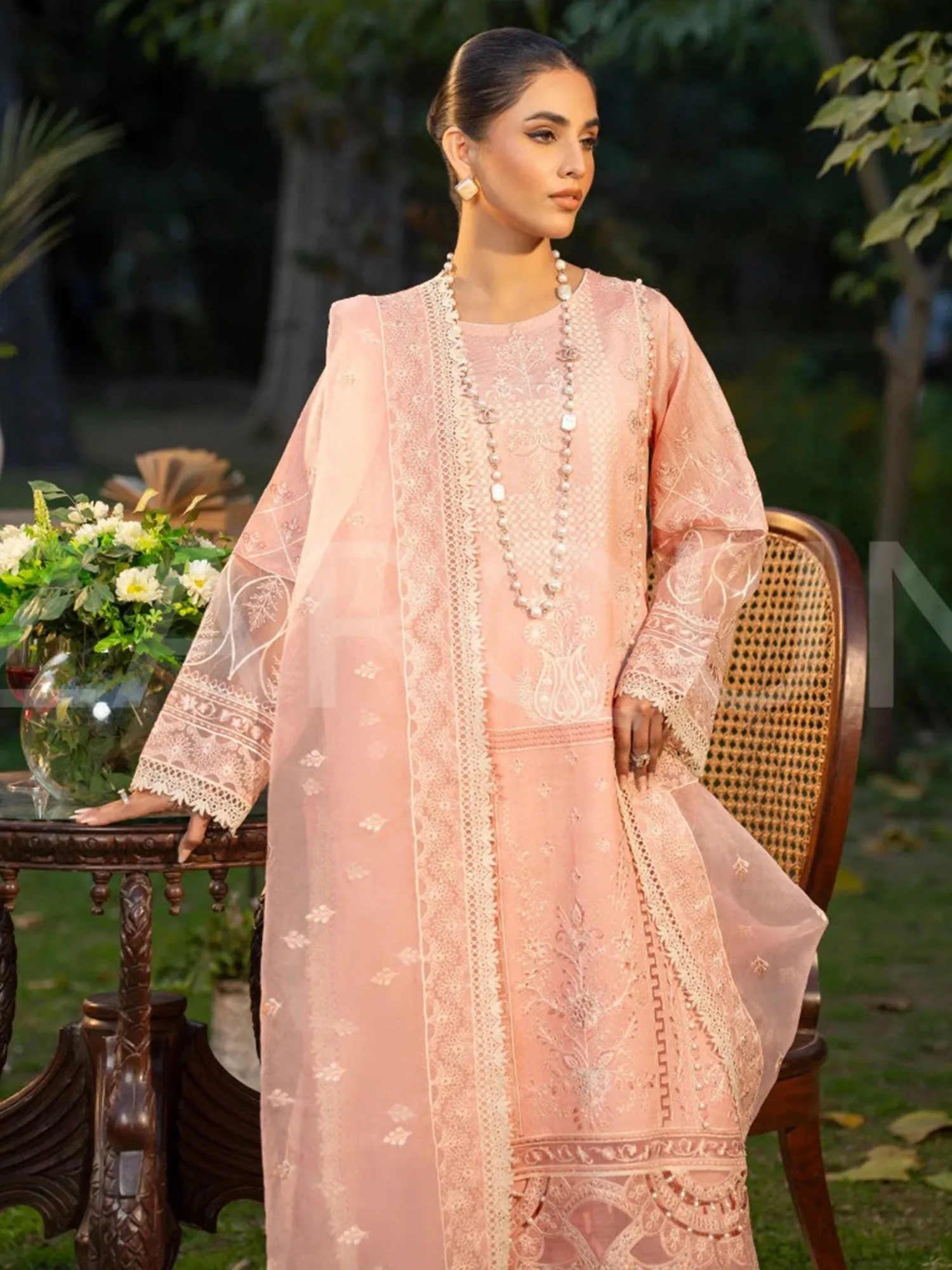 Zarqun Pink Embroidered Luxury Khadi Net Suit (2420A)